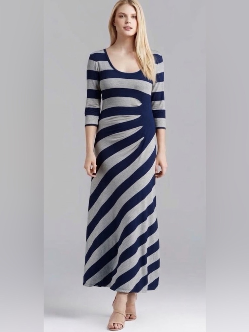 Calvin Klein Women Ruched Striped Stretch Bold Maxi Dress Navy Blue Gray 12